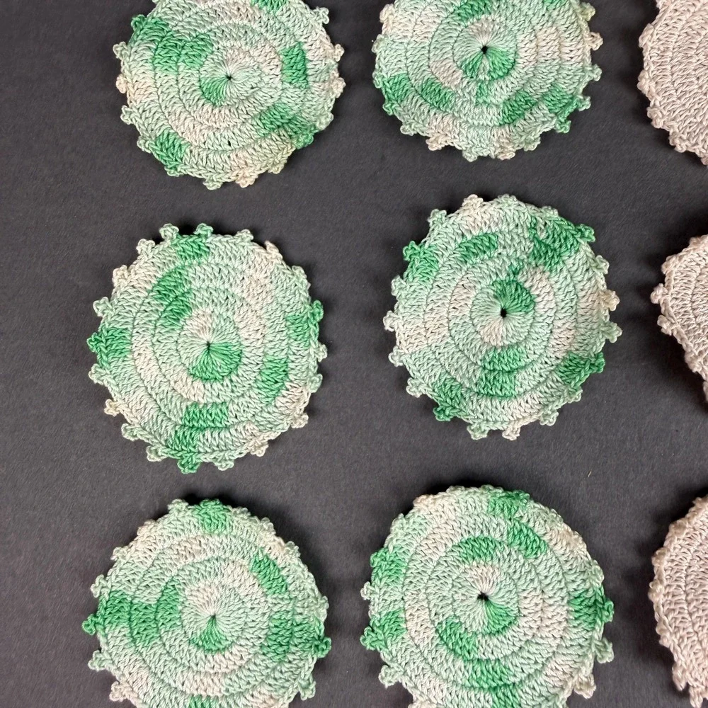 Vintage Handmade Crochet Coasters Set 14 Green Cream Round